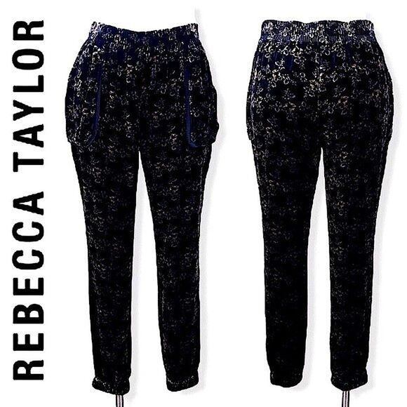 Rebecca Taylor Velvet Jogger Pants Jewel Floral Print Velour High Rise joggers 2 - Picture 2 of 9